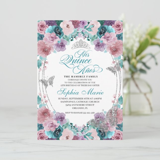 Aquamarin & Mauve Ocean Sunset Tiara Quinceanera Einladung (Stehend Vorderseite)