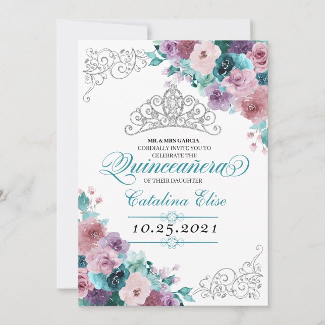 Aquamarin & Mauve Sunset Tiara Quinceanera Einladung (Vorderseite)