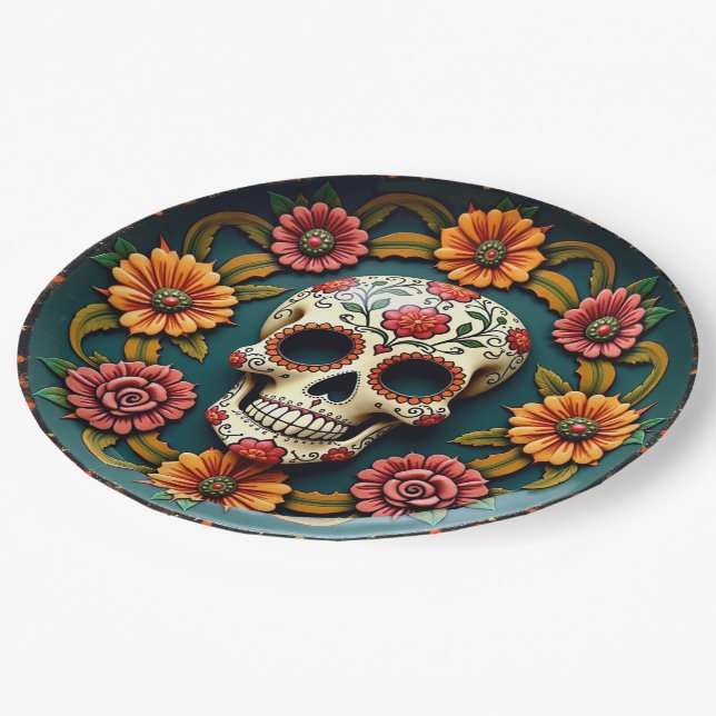 💀 🎉 Aquamarin Me No Lies, die Día de los Muertos Pappteller (Schrägansicht)