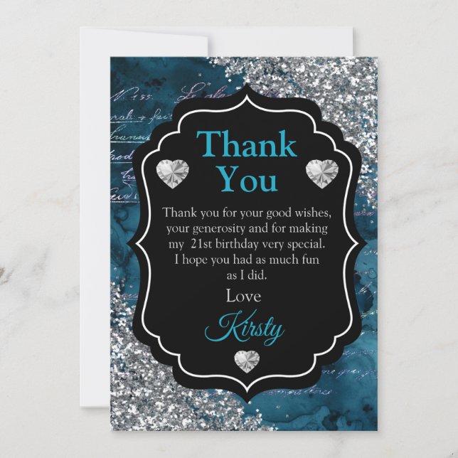 Aquamarin Mermaid Letters Silver Glitzer Vielen Da Dankeskarte (Vorderseite)
