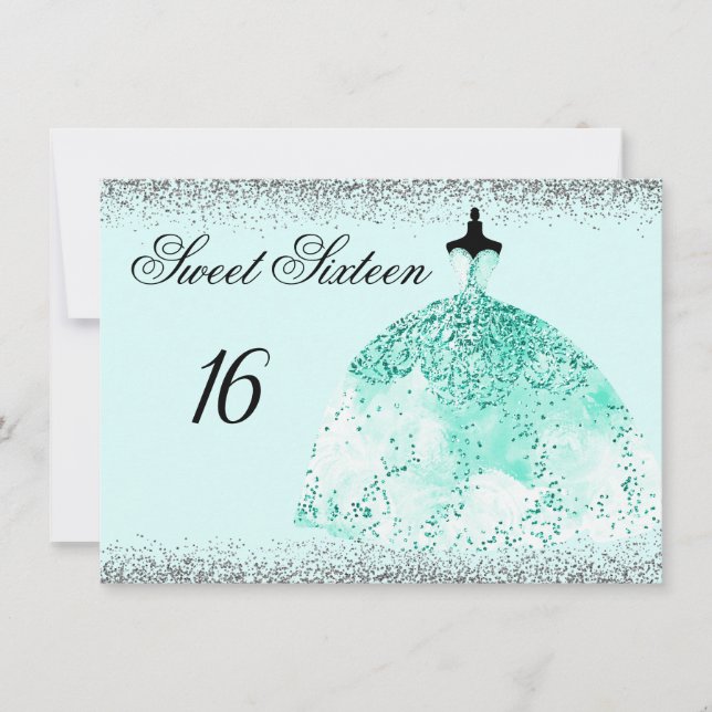 Aquamarin Mint Glitzer Confetti Sweet 16 Einladung (Vorderseite)