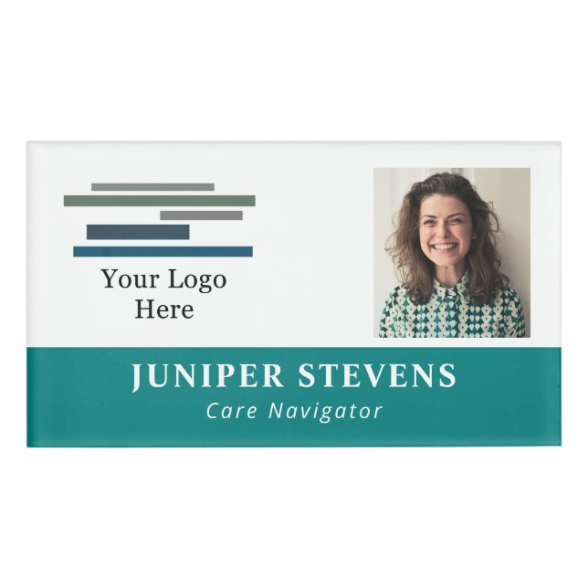 Aquamarin mit Logos und ID-Foto Mitarbeiter Namenschild (Vorderseite)