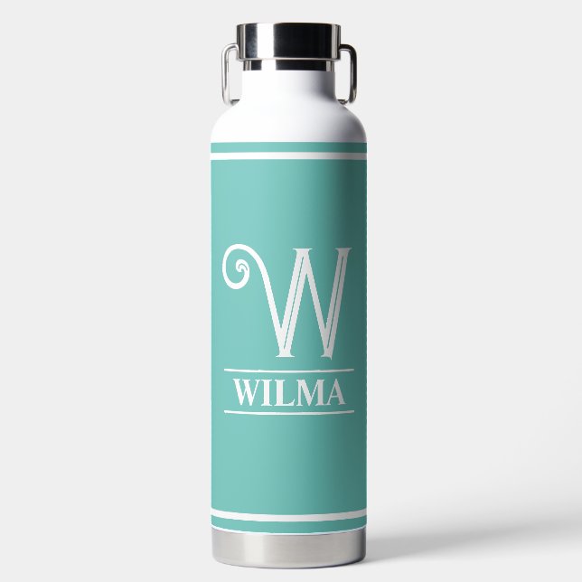 Aquamarin Mit Monogramm Trinkflasche (Vorderseite)