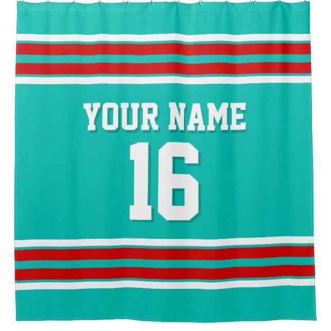 Aquamarin mit Red White Stripes Sports Jersey Duschvorhang (Vorderseite)