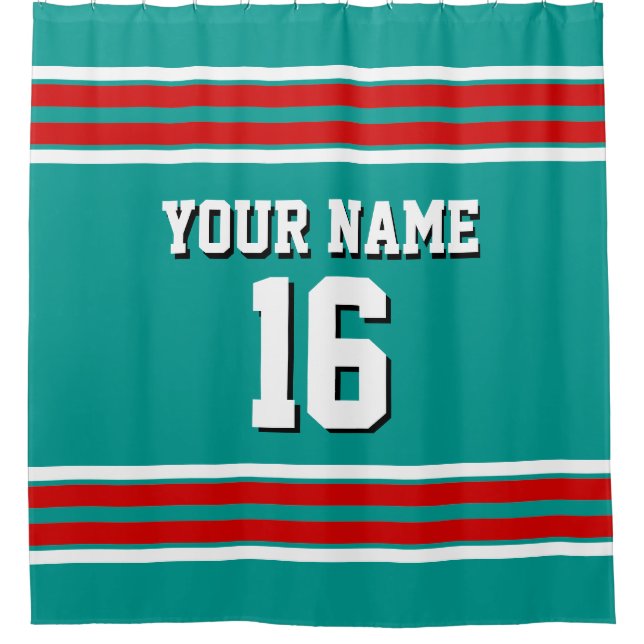 Aquamarin mit Red White Stripes Sports Jersey Duschvorhang (Vorderseite)