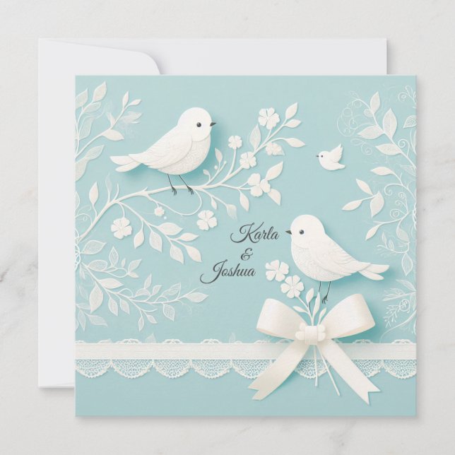 Aquamarin mit romantischer Hochzeit und Vogelhochz Einladung (Vorderseite)