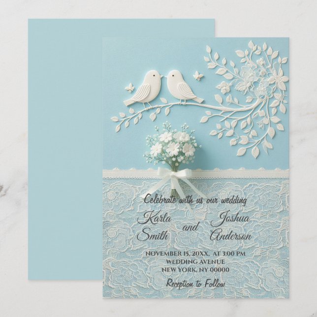 Aquamarin mit romantischer Hochzeit und Vogelhochz Einladung (Vorne/Hinten)
