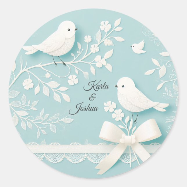 Aquamarin mit romantischer Hochzeit und Vogelhochz Runder Aufkleber (Vorderseite)