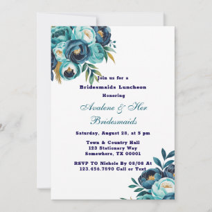 Aquamarin Navy Blue Peony Blume Bridesmaids Lunche Einladung