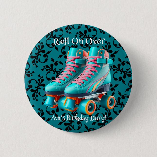 Aquamarin Neon Rollerskate Geburtstagspartei Custo Button (Vorderseite)