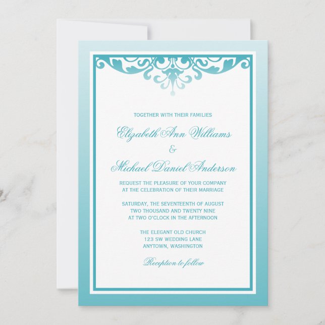 Aquamarin Ombre Border Blüh Wedding Einladung (Vorderseite)
