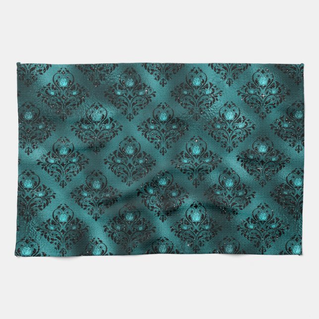Aquamarin Ombre Glam Glitzer Damask Muster Geschirrtuch (Horizontal)