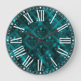 Aquamarin Ombre Glam Glitzer Damask Muster Große Wanduhr