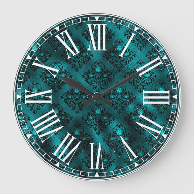 Aquamarin Ombre Glam Glitzer Damask Muster Große Wanduhr (Vorderseite)