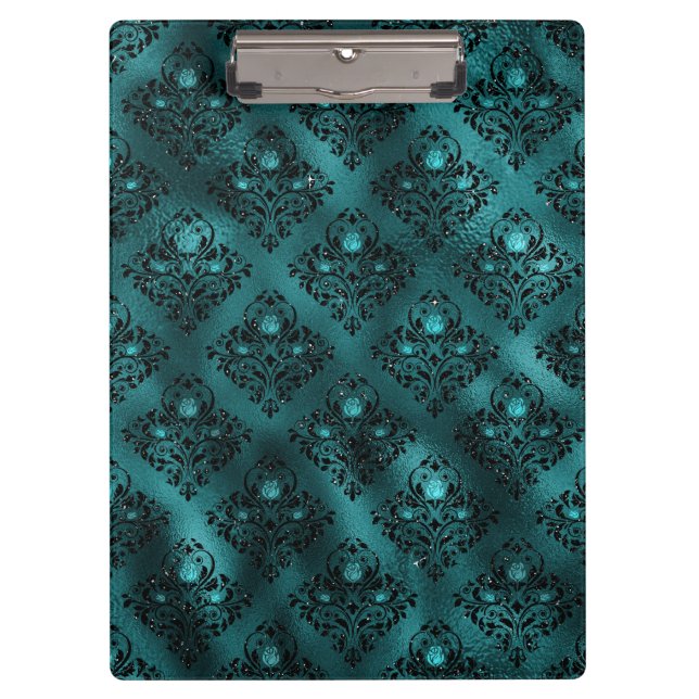 Aquamarin Ombre Glam Glitzer Damask Muster Klemmbrett (Vorderseite)