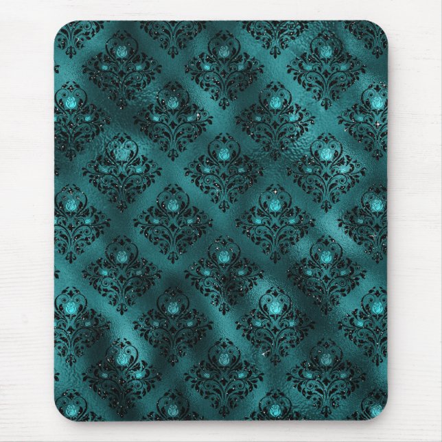 Aquamarin Ombre Glam Glitzer Damask Muster Mousepad (Vorne)
