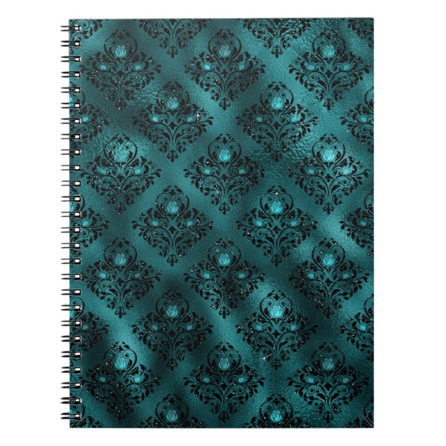 Aquamarin Ombre Glam Glitzer Damask Muster Notizblock (Vorderseite)