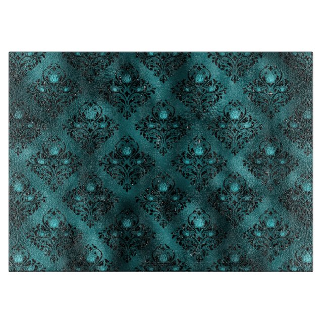 Aquamarin Ombre Glam Glitzer Damask Muster Schneidebrett (Vorderseite)