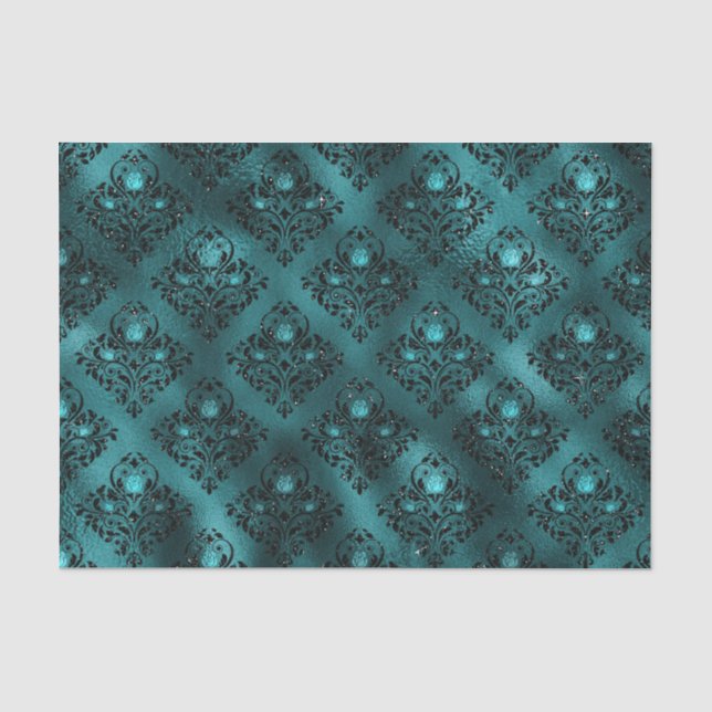 Aquamarin Ombre Glam Glitzer Damask Muster Seidenpapier (Vorderseite)