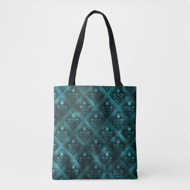 Aquamarin Ombre Glam Glitzer Damask Muster Tasche (Vorderseite)