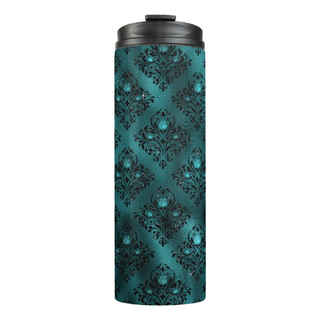 Aquamarin Ombre Glam Glitzer Damask Muster Thermosbecher (Vorderseite)