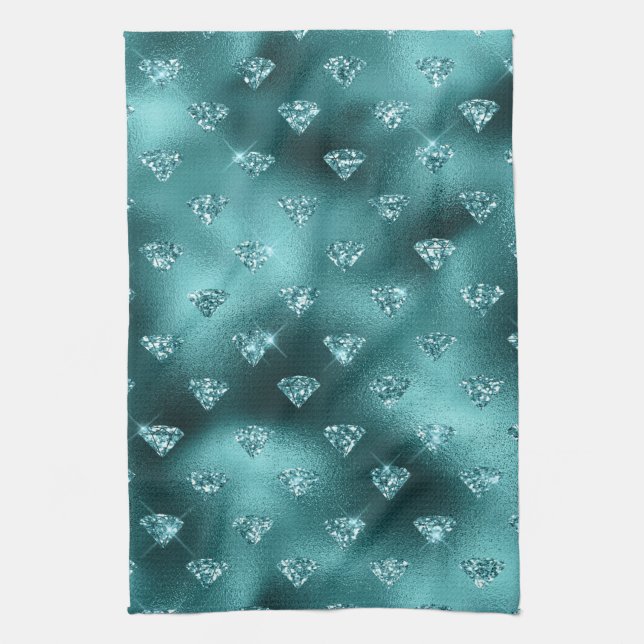 Aquamarin Ombre Glam Glitzer Diamonds Pattern Geschirrtuch (Vertikal)