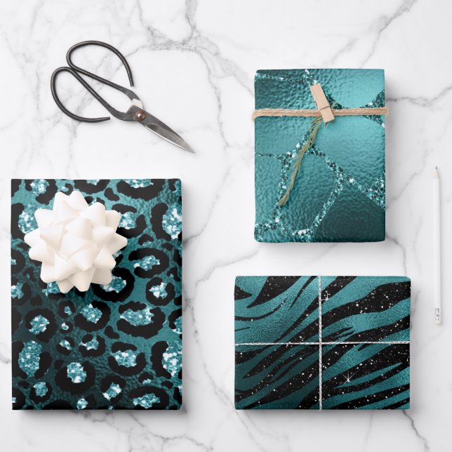 Aquamarin Ombre Glam Glitzer Jungle Animal Print Geschenkpapier Set (Vorderseite)