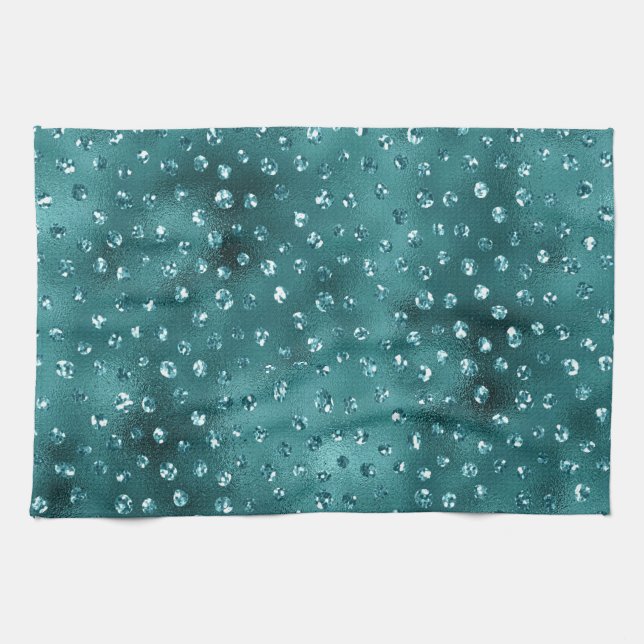 Aquamarin Ombre Glam Glitzer Polka Dots Muster Geschirrtuch (Horizontal)