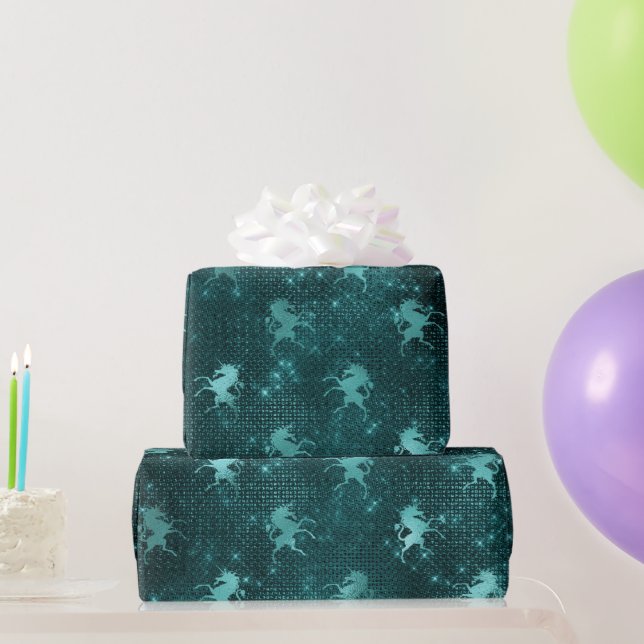 Aquamarin Ombre Glam Glitzer Unicorns Muster Geschenkpapier (Partygeschenke)