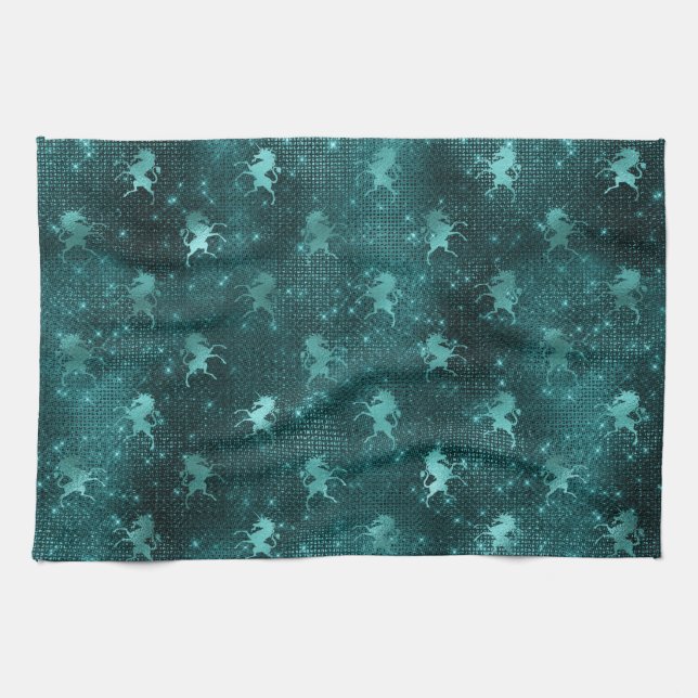 Aquamarin Ombre Glam Glitzer Unicorns Muster Geschirrtuch (Horizontal)