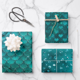 Aquamarin Ombre Glam Hearts, Mermaid Scales & Dots Geschenkpapier Set