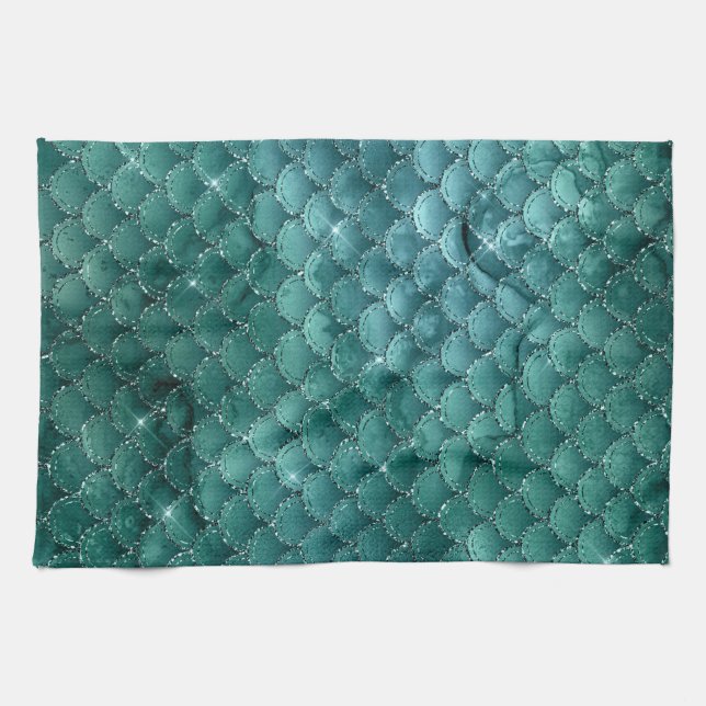 Aquamarin Ombre Glam Mermaid Scales Muster Geschirrtuch (Horizontal)