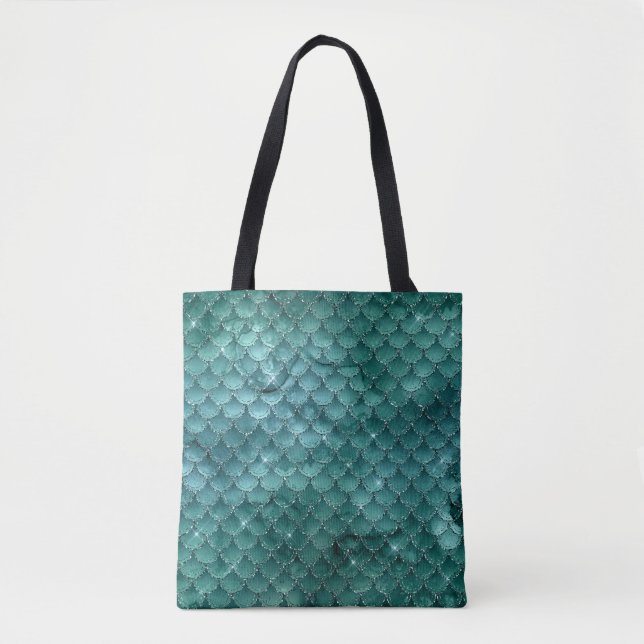 Aquamarin Ombre Glam Mermaid Scales Muster Tasche (Vorderseite)