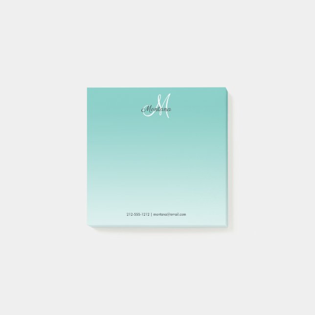 Aquamarin Ombre Monogram Elegant Girly Script Offi Post-it Klebezettel (Vorderseite)