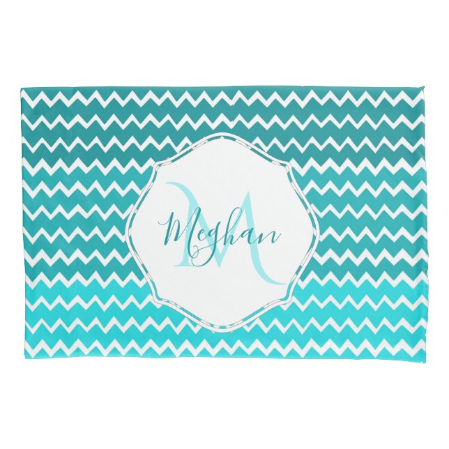 Aquamarin Ombre Zickzack Personalisiert Pillowcase Kissenbezug (Vorderseite)