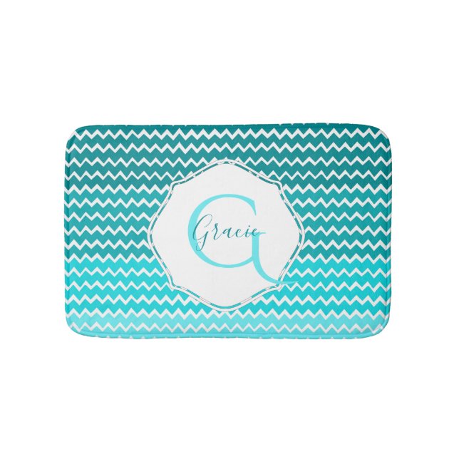 Aquamarin Ombre Zickzack Personalisierte Badematte (Vorderseite)