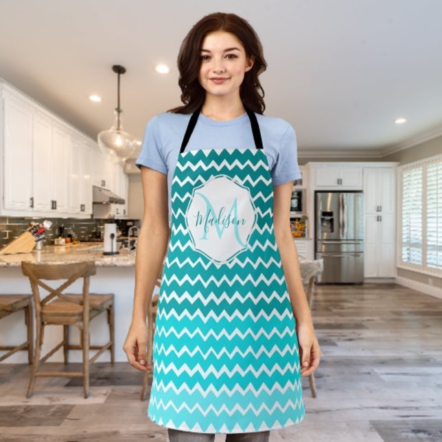 Aquamarin Ombre Zickzack Personalisierte Schürze (Teal Ombre Chevron Personalized Apron)
