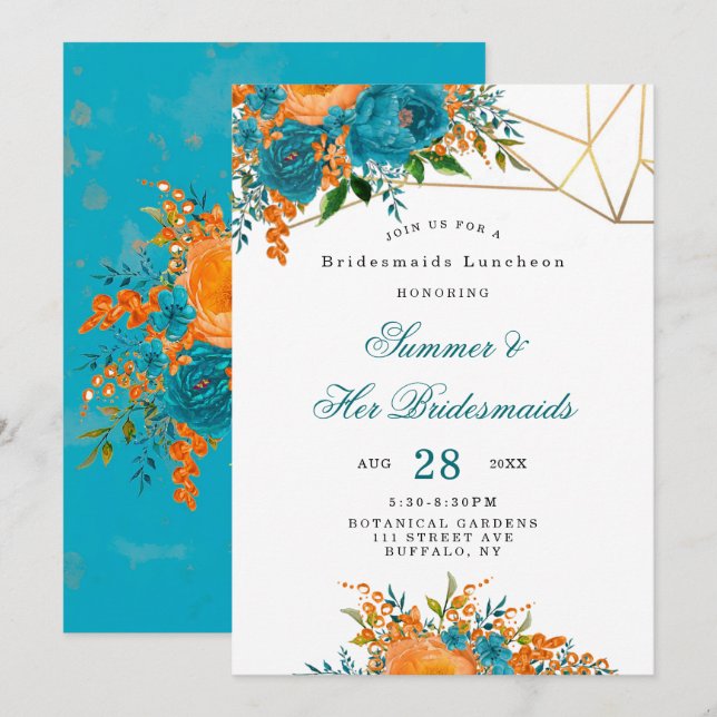 Aquamarin Orange Gold Floral Bridesmaids Luncheon Einladung (Vorne/Hinten)