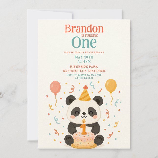 Aquamarin & orange Panda Cake and Balloons 1. Gebu Einladung (Vorderseite)
