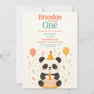 Aquamarin & orange Panda Cake and Balloons 1. Gebu Einladung