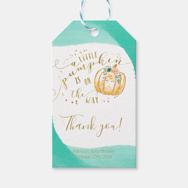 Aquamarin Orange Pumpkin Fall Baby Dusche Vielen D Geschenkanhänger (Vorderseite)