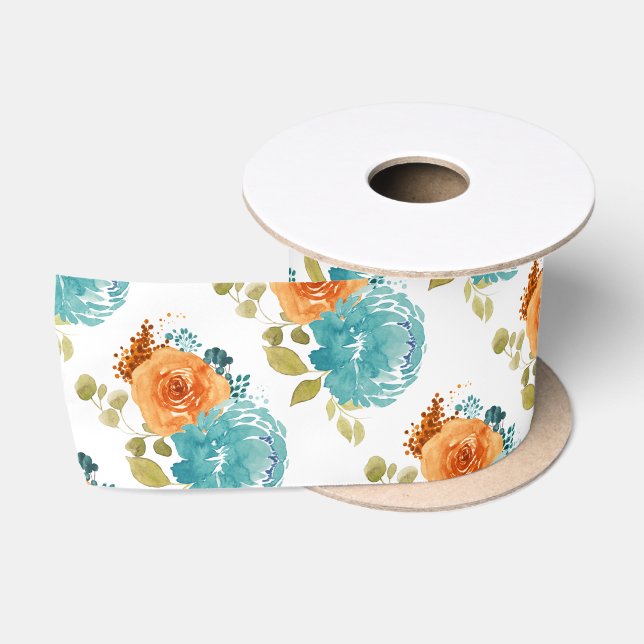 Aquamarin orange Terracotta Boho Floral botanisch Satinband (Spule)
