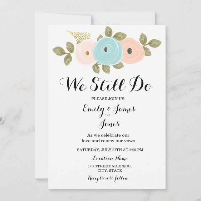 Aquamarin Peach floral Wedding Jubiläum Vow Erneue Einladung (Vorderseite)