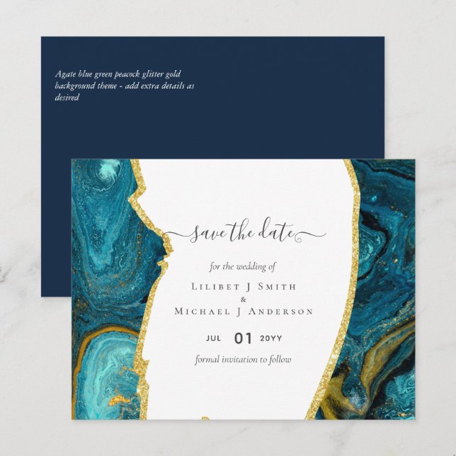 Aquamarin Peacock Blue Gold Agate Wedding Postkarte (Vorne/Hinten)