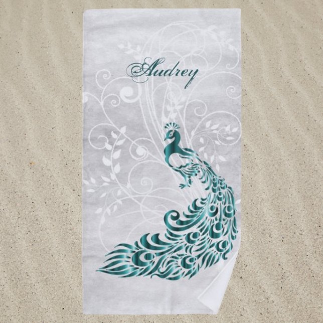 Aquamarin Peacock Personalisiert Beach Handtuch (Teal Peacock Personalized Beach Towel)