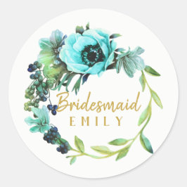 Aquamarin Peony Wreath Bridesmaid Name ID456 Runder Aufkleber
