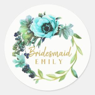 Aquamarin Peony Wreath Bridesmaid Name ID456 Runder Aufkleber