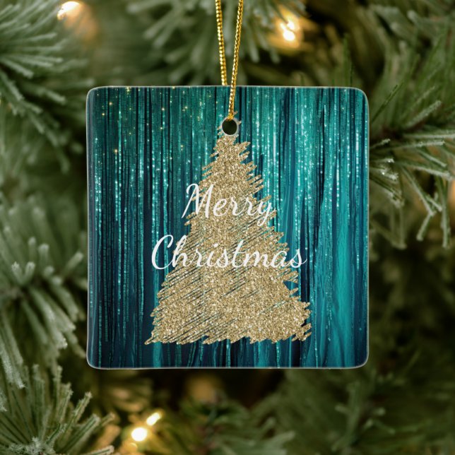 Aquamarin Pine Green Tinsel Gold Weihnachtsbaum Keramikornament (Baum)