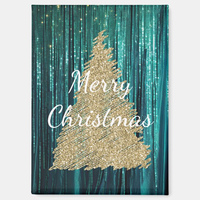 Aquamarin Pine Green Tinsel Gold Weihnachtsbaum Magnet (Vorderseite)