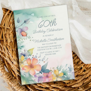 Aquamarin Pink-Gelbe Pastel Blume 60. Geburtstag Einladung